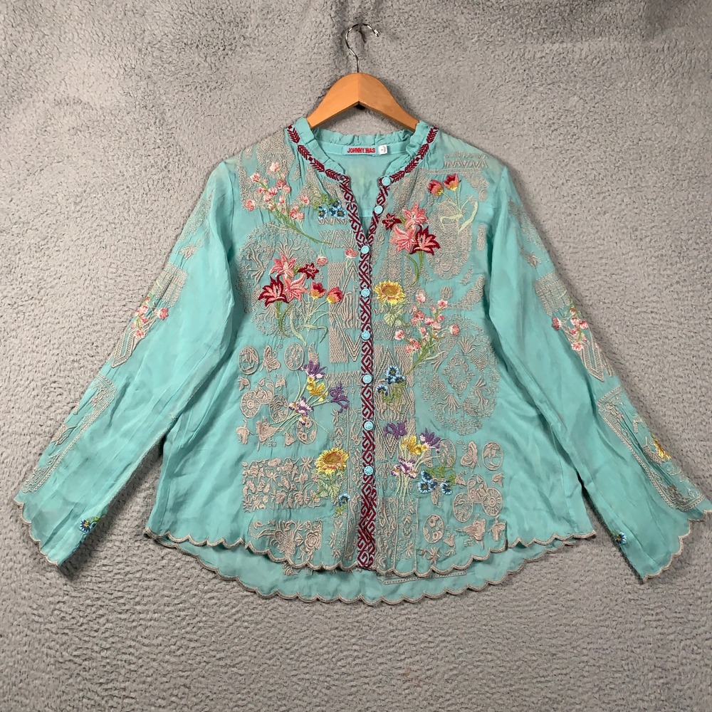 Johnny Was Allbee Blouse Womens Small S Aqua Blue Embroidered Scalloped Boho Top - Picture 6 of 11